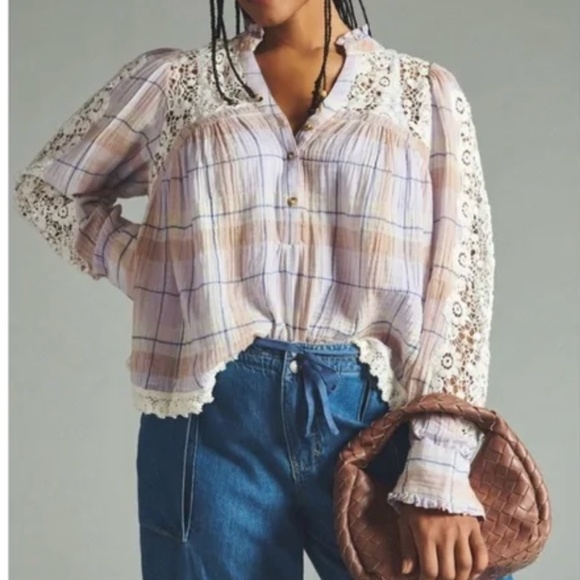 NWT Anthropologie PILCRO Purple Lavender Haze Plaid Crochet Sleeves Blouse - Picture 3 of 11